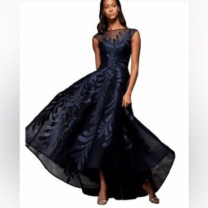 Navy High-Low A-Line Dress with Sheer Yoke